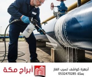 فني يرتدي زي العمل يستخدم جهاز كشف تسرب الغاز على أنابيب الغاز الصناعية بمكة.